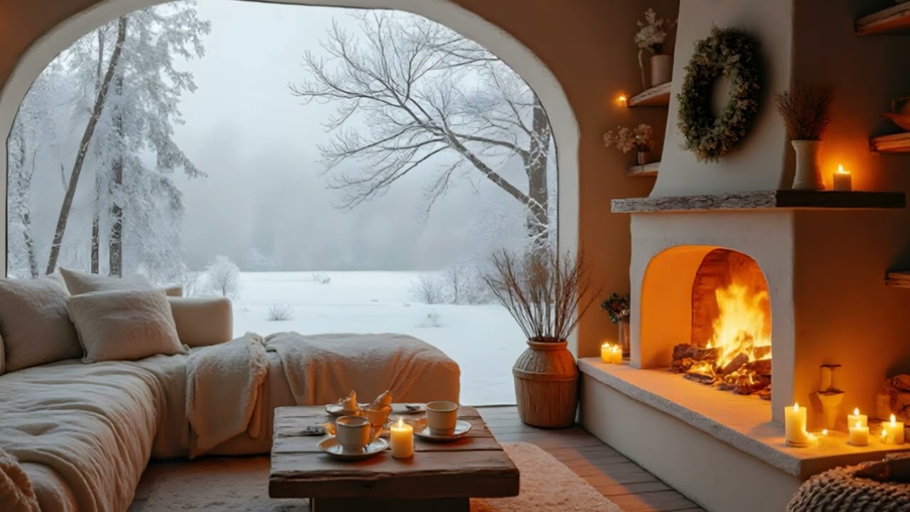 Cozy Winter Cabin Fireplace Ambience ❄️ Snowy Window & Crackling Fireplace for Sleep & Relax