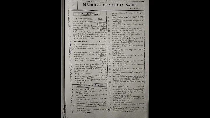 Hs 2nd year English 'Memoirs of a chota sahib' common question for upcoming exam । AHSEC 2024-2025#E