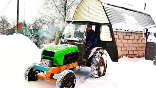 Самодельный трактор на японском моторе,первый запуск и выезд зимой.