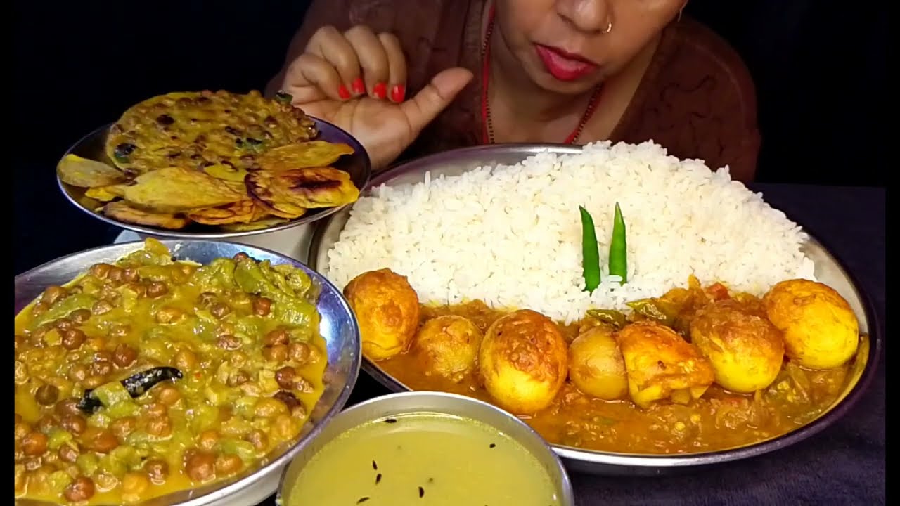 EATING EGG CURRY RICE DAL🤤 TORI CHANA SABJI ALOO ,CHANA😋 PAKODA MUKBANG VIDEO