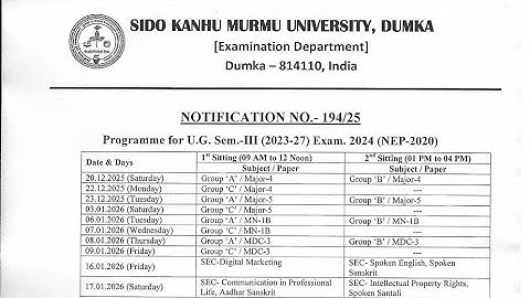 SKMU UG Semester 3 ( 2023-27 ) exam date
