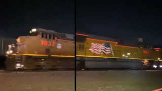 UP 7832 and two Tear 4 SD70AH locomotives lead a northbound rock train through Saginaw Texas
