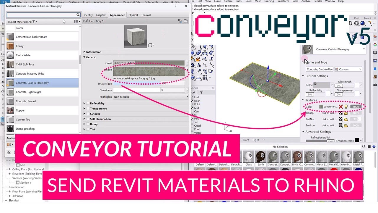 Conveyor V5 Tutorial - Revit Materials Transferred to Rhino