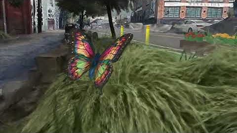 Enhance: Zoom from a cityscape aerial down to a tiny flying butterfly!