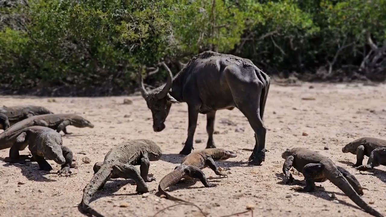 Tense moment of buffalo being surrounded by several Komodo dragons