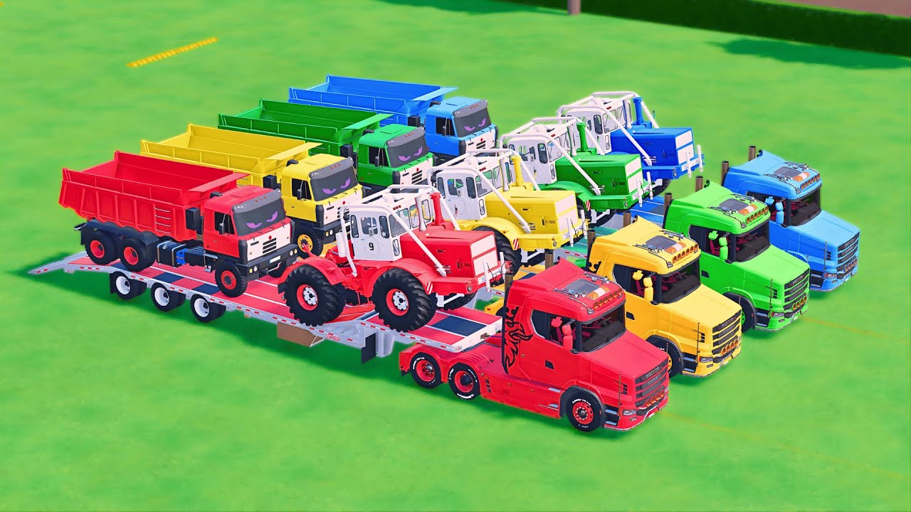 TRANSPORTING KIROVET TRACTOR, SCANIA, TATRA DUMP TRUCK, COLORFUL CARS WITH TRUCK - FS22