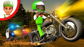 Police car chasing a motorcycle. Cartoon Police car chase. Police car and Trucks for Children