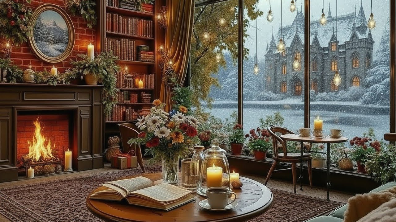 Winter Jazz Music & Snowfall for Working ❄ Cozy Lakeside Coffee Porch Ambience ~ Jazz Relaxing Music