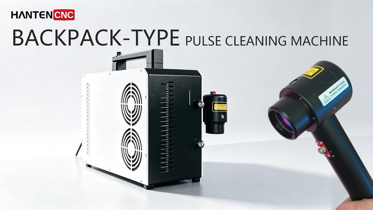 The HANTNECNC 200W backpack-style (black Dyson head) pulsed laser