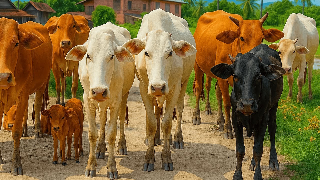 Kerumunan sapi kampung yang sedang berjalan di kubangan air Di ladang, Suara sapi Moo, Sapi lucu