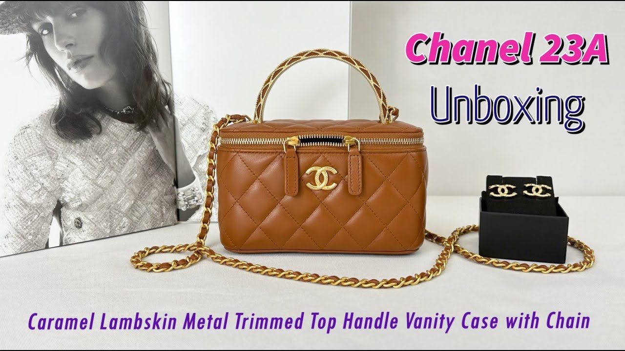 Chanel 23A Caramel Lambskin Metal Trimmed Top Handle Vanity Case