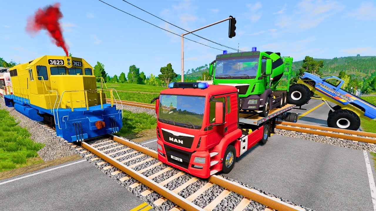 Quadruple Trucks Transporting cars with Flatbed Trailers | Cars vs Speedbump vs Train vs Pothole