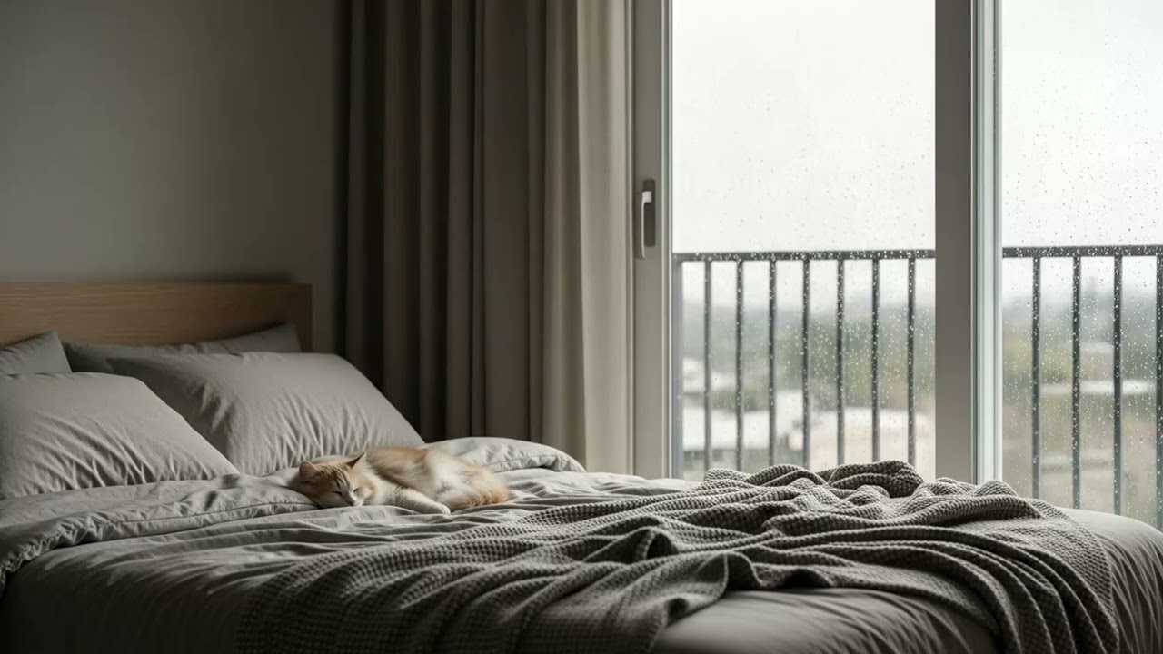 Fall Asleep Fast | White Noise | Rain ASMR 🌧️ No Ads | Cute Cat Sleeping on a Warm Bed | Relax