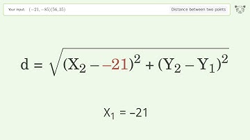 Find the distance between two points p1 (-21,-85) and p2 (56,35): Step-by-Step Video Solution