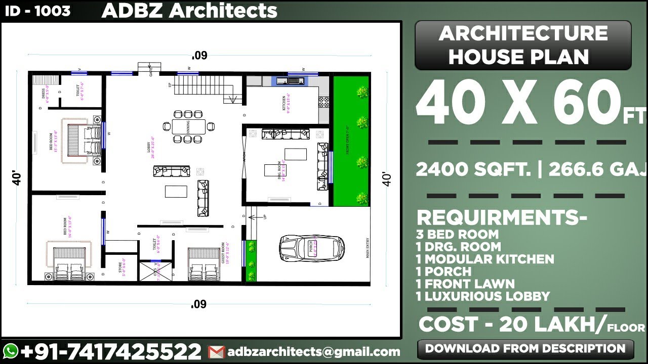 40 x 60 House Plan | 3 BHK SET | ADBZ Architects | ID -1003