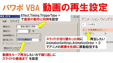 PowerPoint VBA アニメーション 動画の自動再生＋ループ再生を設定する AnimationSettings AnimationOrder 0で先頭  パワーポイントのマクロ