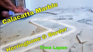 Diagonal Herringbone marble tile Bathroom floor with border. Time Lapse