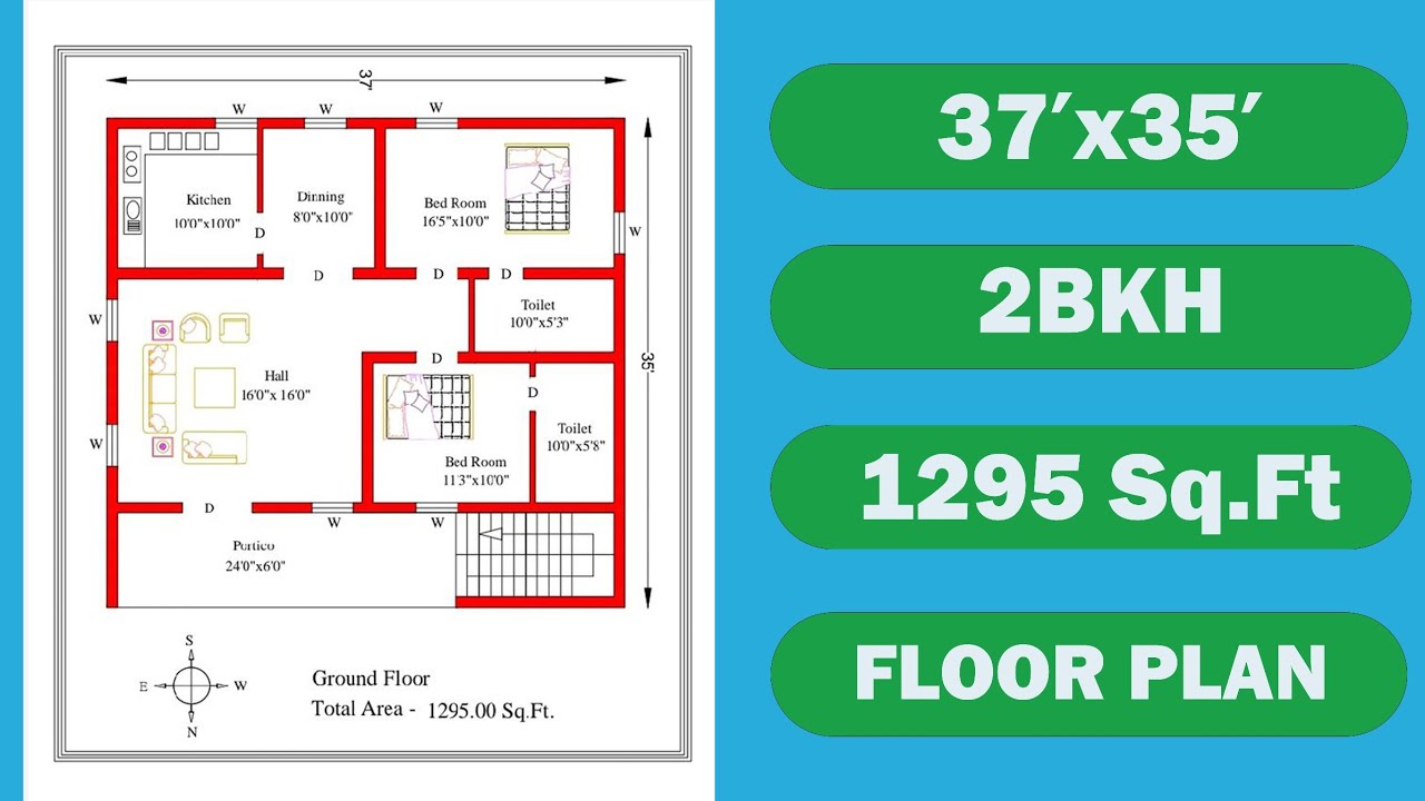 2BHK Ground Floor House Plan – 1295 Sq.ft (37'×35')