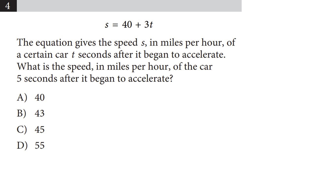 4. s=40+3t The equation gives the speed s, in miles