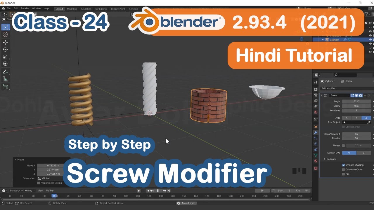 Blender Tutorial in Hindi for Beginners | CLASS -24 (Screw Modifier ...