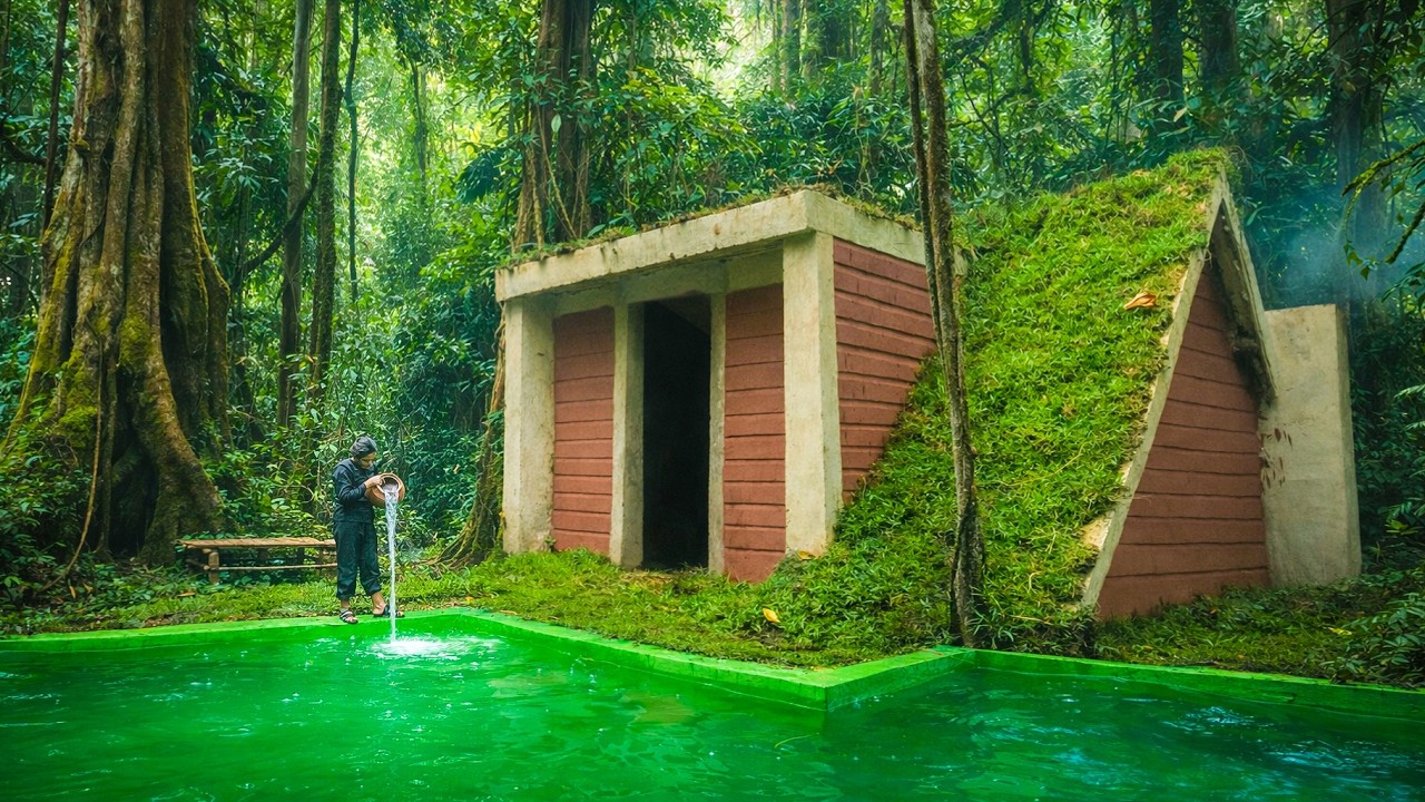 She Built a Beautiful Grass Roof Home Villa with Deep Swimming Pool Deep in the Jungle and Lives Off