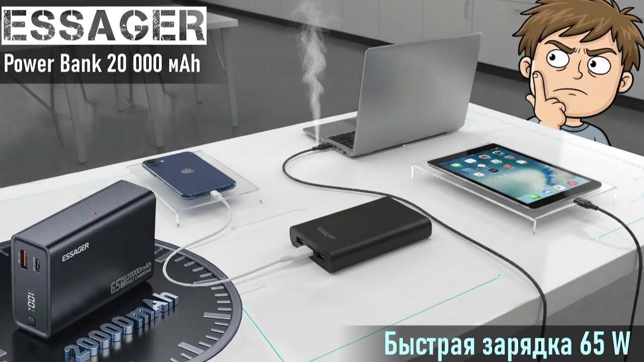 Повербанк «Essager Power Bank 20000 мА PD 65W» Заряжает: смартфоны, планшеты и ноутбуки