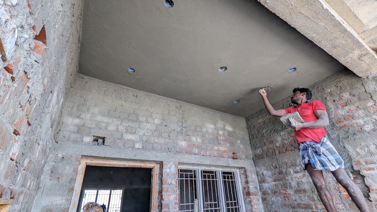Roof Ceiling Perfectly Plastering With Cement Mixer || Plastering Techniques Of Portico