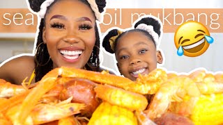 SEAFOOD BOIL MUKBANG WITH MY MINI ME | SNOW CRAB LEGS &amp; SHRIMP