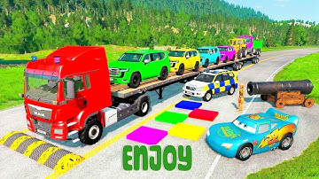 4 K Flatbed Truck McQueen | Transportation with Truck - Pothole vs Car #20 | BeamNG.Drive Gameplay