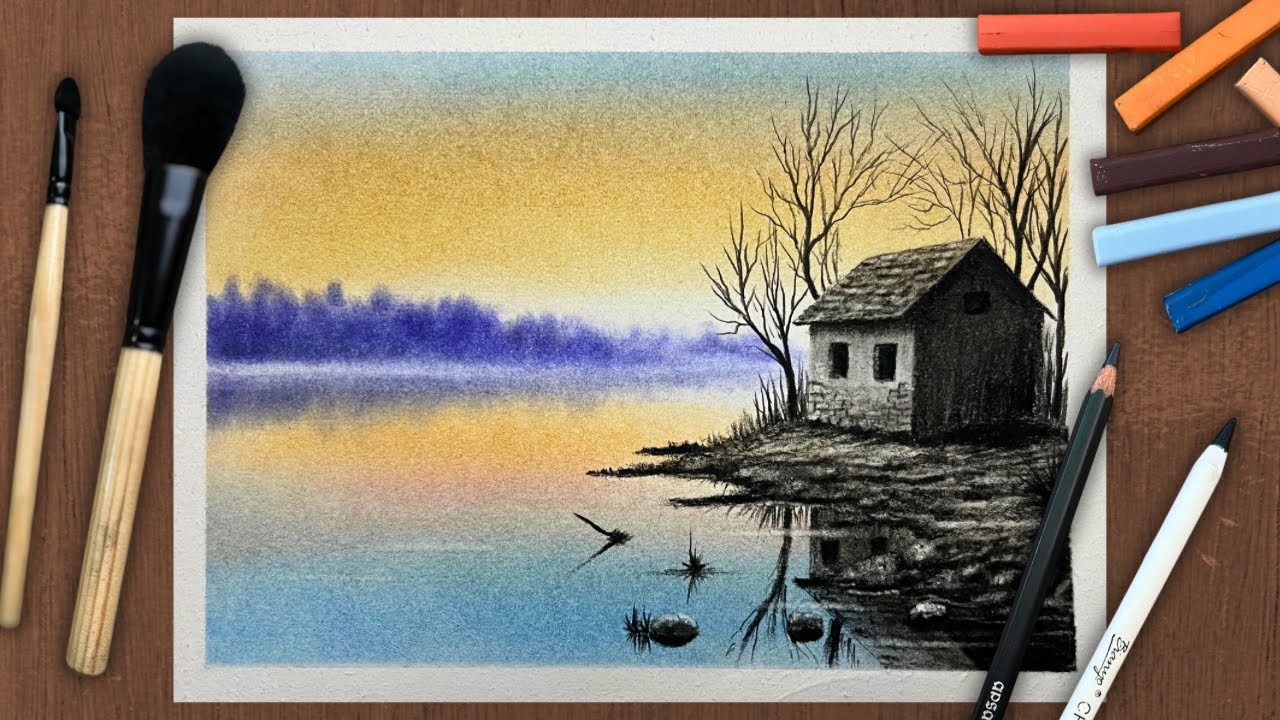 Peaceful Lake House Drawing with Soft Pastel & Charcoal | Realistic Landscape Art Step by Step
