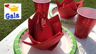 Fancy way to fold paper napkins into shape of rose flower. Easy and impressive!