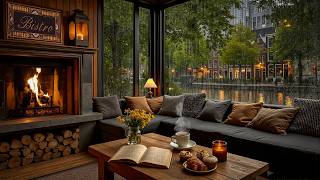 Spring Night Rainy Outside Coffee Shop 🎹 Piano Jazz Music &amp; Rain, Fireplace Ambience for Deep Relax