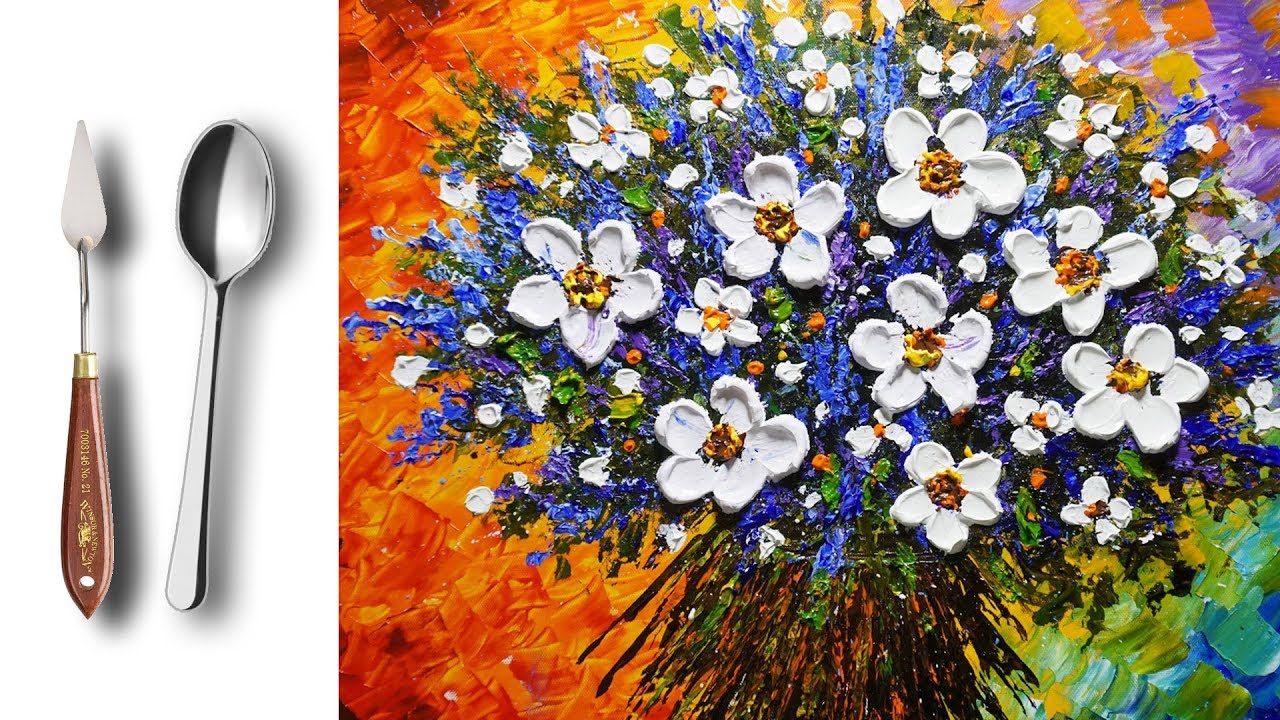 Thick Paint White Flowers Acrylic Painting 