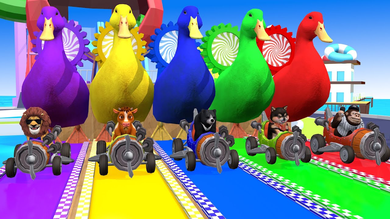 5 Giant Duck Cartoon,Cow,Bear,Lion,Monkey,Dinosaur Paint Wild Animals Crossing Fountain Animation