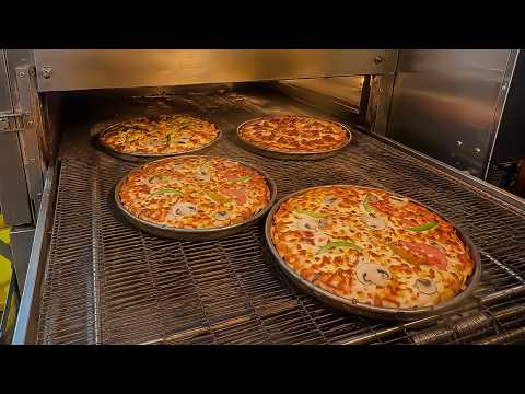 POV: Chef Making a Special American Pizza with Beef Ham, Mozzarella & Marinara Sauce
