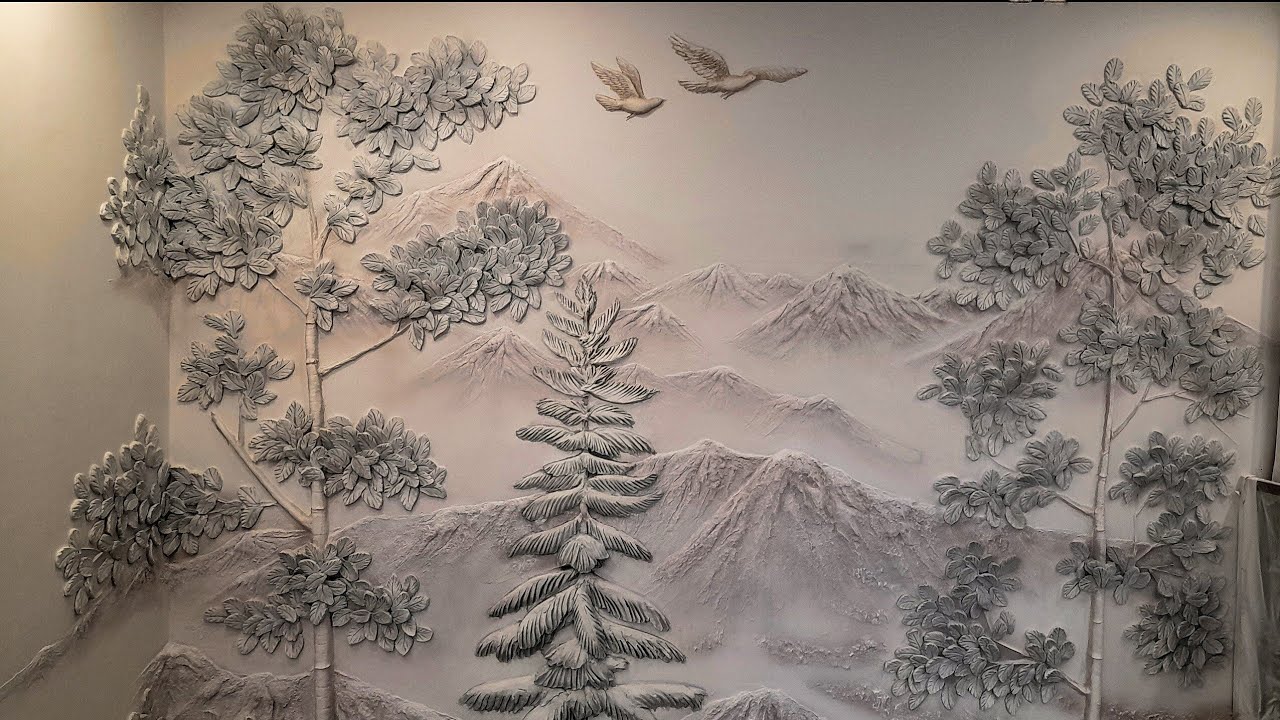 Very Beautiful Natural landscape 3D wall Mural by white cement on