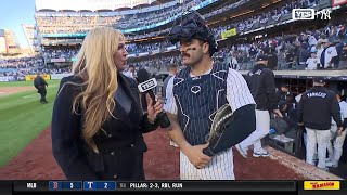 Austin Wells with Meredith on Opening Day win
