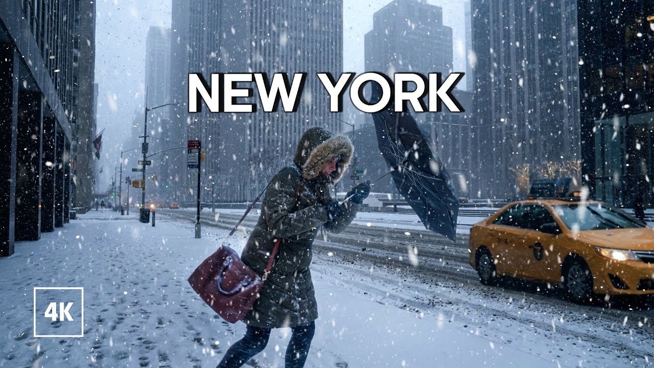 New York, Amerika Serikat | manhattan | Tur Jalan di Salju 4K
