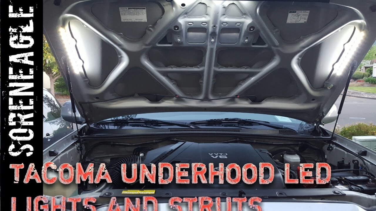 Tacoma 2nd gen gas struts and LED lighting under hood engine
