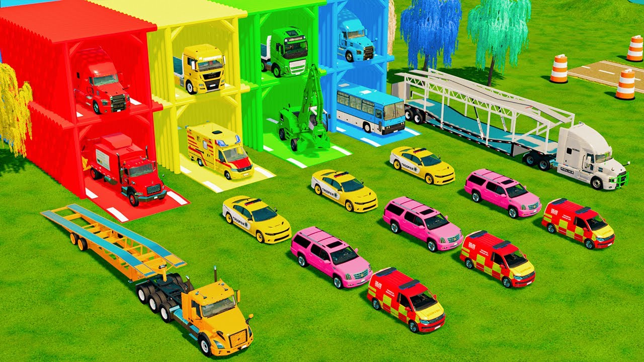 TRANSPORTING ALL POLICE VEHICLES, RESCUE TRUCK, AMBULANCE & DUMP TRUCK TO GARAGE - FS22