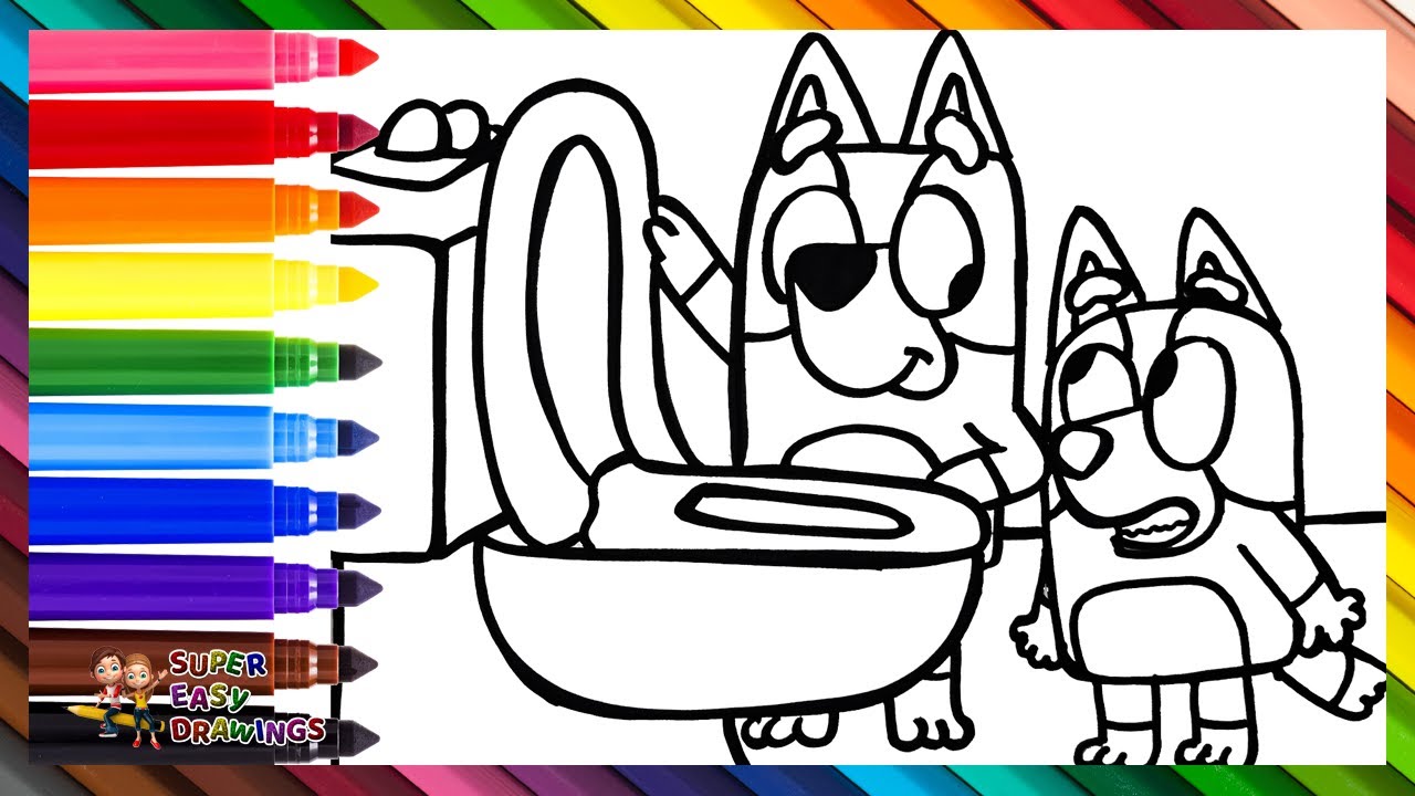 Draw and Color Bluey and Bingo in the Bathroom 🐶🚽🐕 Drawings for Kids