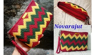 crochet II tutorial membuat dompet rajut motif zig zag /pouch tapestry