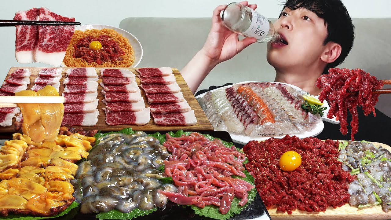 Морепродукты, сырая говядина, коллекция мукбанга MUKBANG ASMR REALSOUND EATINGSHOW