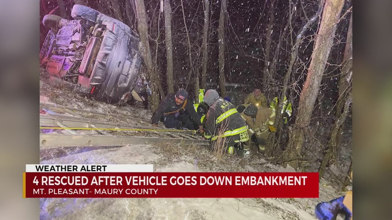 4 rescued after SUV goes down embankment in Maury County - YouTube