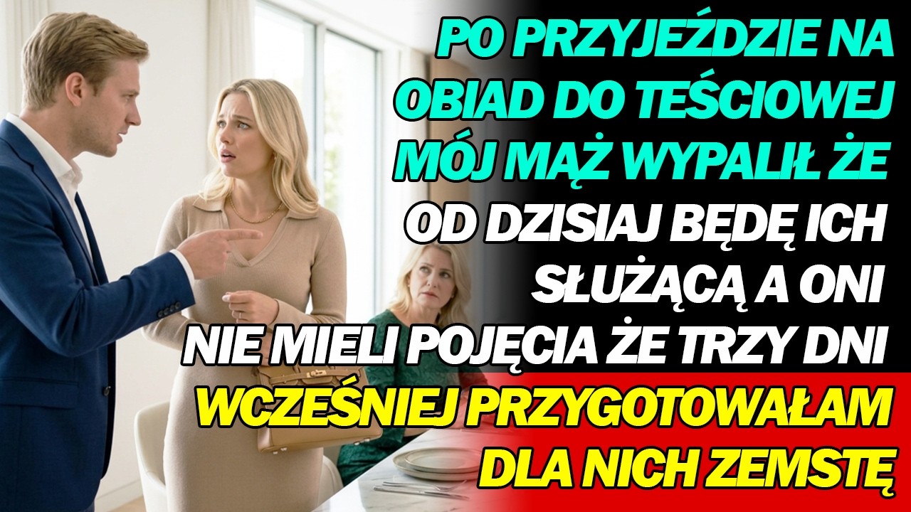 W niedzielę przy obiedzie u teściowej mój mąż spojrzał na mnie i powiedział: „Od dziś będziesz naszą służącą, dopóki ja będę zarabiał pieniądze”. Jego matka przytaknęła, a ja tylko się...