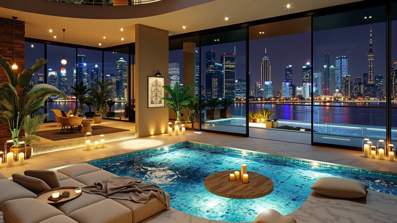 4k Luxury Apartment Ambience Night Jazz City View Relaxation Music for ...