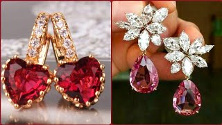 Luxury Party Wear Diamond & Ruby Earrings Designs in 14k Gold