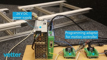 Precise hand over between two 2-track-conveyors - electronically controlled synchronous operation