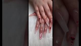 Acrylic Ombré Full set with heart decals and red crystals | Andrea Martinez
