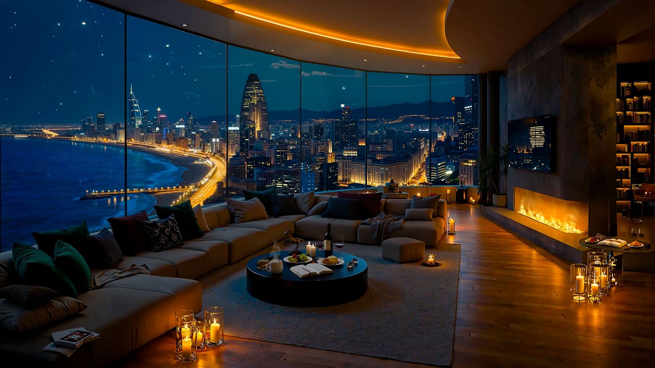 4K Ocean Night View in Luxury Apartment 🌊 Soothing Jazz Piano Music for Study, Work, Unwind